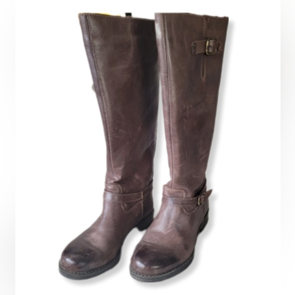 Eric Michael Boots Brown Leather Distressed Tall Riding Boot Back Zip Si…
